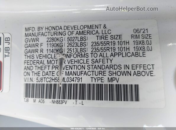 5J8TC2H58ML034791 2021 ACURA RDX Белый Вид подкапотного пространства