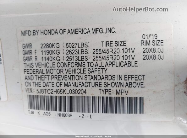 5J8TC2H65KL030204 2019 ACURA RDX Белый Вид подкапотного пространства