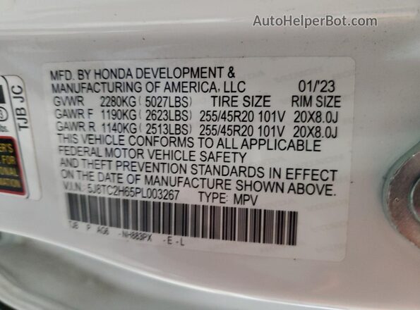 5J8TC2H65PL003267 2023 ACURA RDX Белый Вид наклейки с VIN-кодом