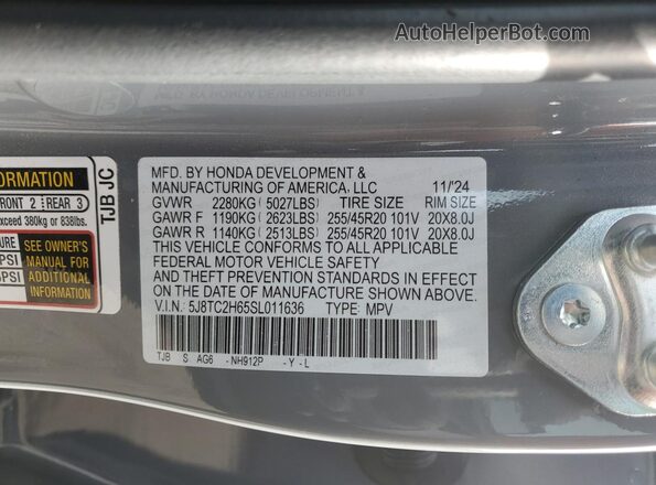 5J8TC2H65SL011636 2025 ACURA RDX Gray Вид наклейки з VIN-кодом