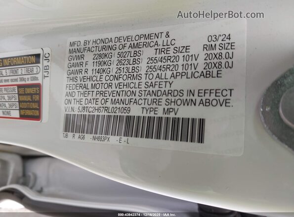 5J8TC2H67RL021059 2024 ACURA RDX White Շարժիչի բաժամունքի տեսք
