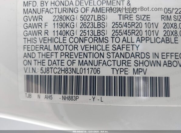 5J8TC2H83NL011706 2022 ACURA RDX Белый Вид подкапотного пространства