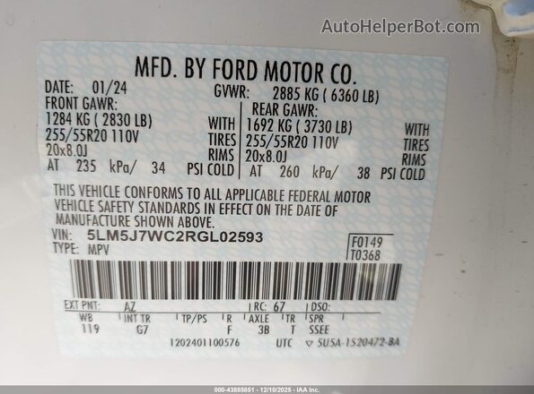 5LM5J7WC2RGL02593 2024 LINCOLN AVIATOR White Vista del compartimento del motor