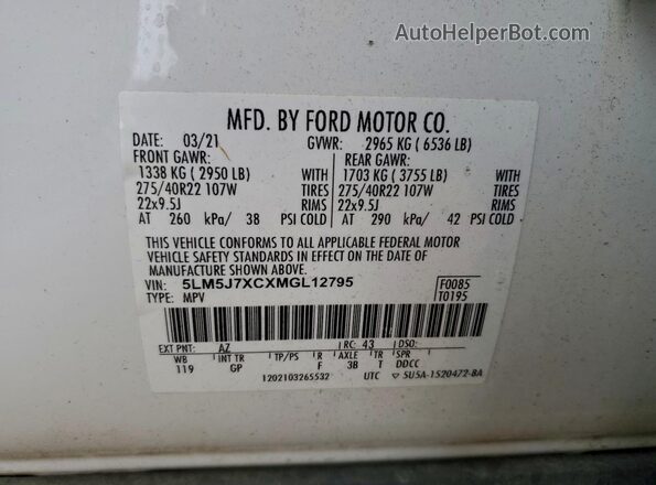 5LM5J7XCXMGL12795 2021 LINCOLN AVIATOR White Vista de la etiqueta del VIN