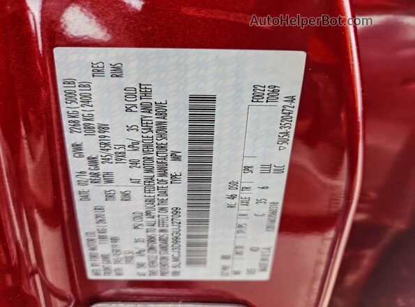 5LMCJ3D99GUJ27099 2016 LINCOLN MKC Темно-бордовый Вид наклейки с VIN-кодом