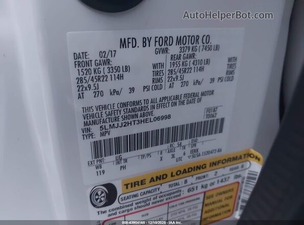 5LMJJ2HT3HEL06998 2017 LINCOLN NAVIGATOR White Вид підкапотного простору
