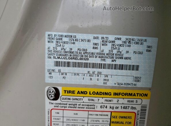5LMJJ2LG6REL00320 2024 LINCOLN NAVIGATOR Бежевый Вид наклейки с VIN-кодом