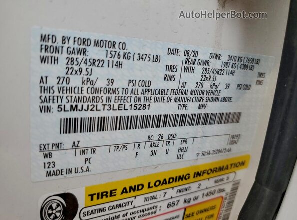 5LMJJ2LT3LEL15281 2020 LINCOLN NAVIGATOR Белый Панорамный вид салона 360°