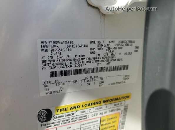 5LMJJ3LTXKEL09207 2019 LINCOLN NAVIGATOR Белый Вид наклейки с VIN-кодом