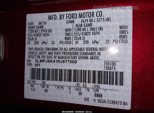 5LMPJ8K41RJ877669 2024 LINCOLN NAUTILUS Red Widok komory silnika