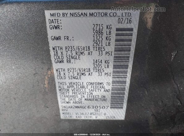 5N1AR2MN4GC630507 2016 NISSAN PATHFINDER Gray Vista del compartimento del motor