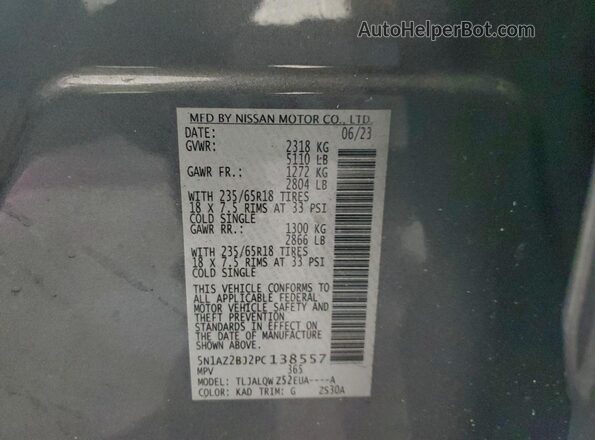 5N1AZ2BJ2PC138557 2023 NISSAN MURANO Gray Вид наклейки з VIN-кодом