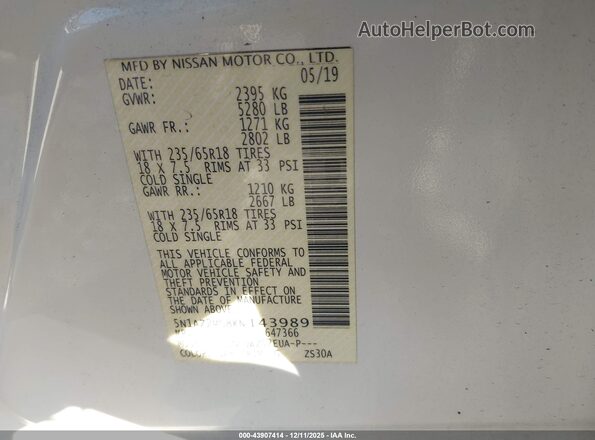 5N1AZ2MS8KN143989 2019 NISSAN MURANO Белый Вид подкапотного пространства