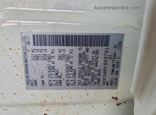 5N1BT3AB8PC869791 2023 NISSAN ROGUE White VIN sticker view