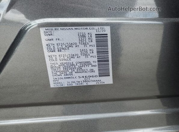 5N1DL0MM3LC546960 2020 INFINITI QX60 Серый Вид наклейки с VIN-кодом