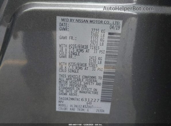 5N1DR2MM7KC631227 2019 NISSAN PATHFINDER Gray Вид підкапотного простору