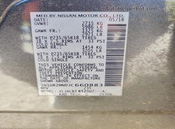5N1DR2MN0JC660883 2018 NISSAN PATHFINDER Gray VIN sticker view