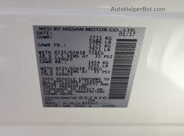 5N1DR2MN2HC652326 2017 NISSAN PATHFINDER White Widok naklejki z numerem VIN