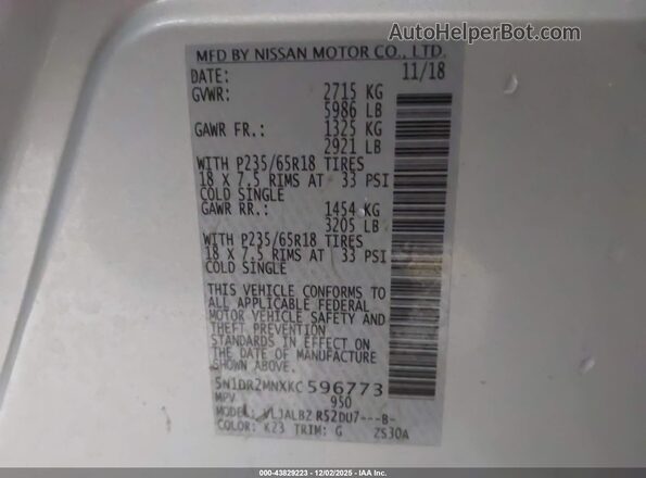 5N1DR2MNXKC596773 2019 NISSAN PATHFINDER Silver Engine compartment view