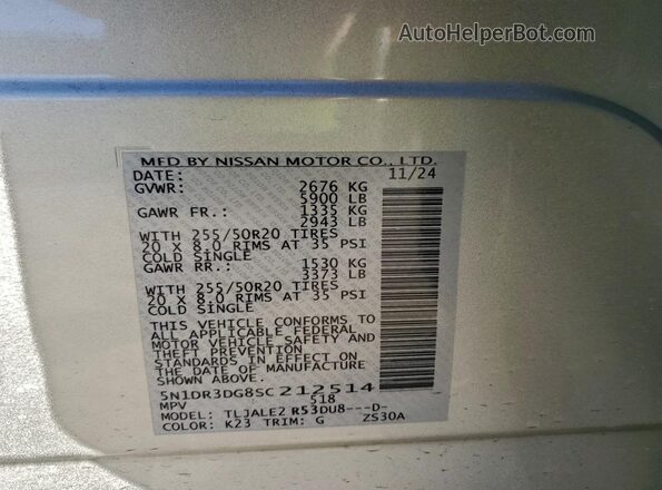 5N1DR3DG8SC212514 2025 NISSAN PATHFINDER Серебряный Вид наклейки с VIN-кодом