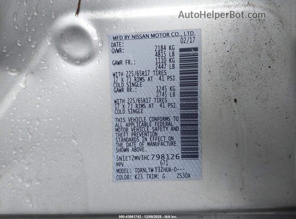 5N1ET2MV3HC798126 2017 NISSAN ROGUE HYBRID Серый Вид подкапотного пространства