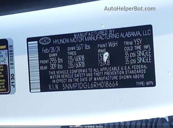 5NMP1DGL6RH018664 2024 HYUNDAI SANTA FE White Widok komory silnika
