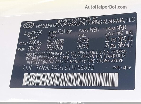 5NMP24GL6TH156693 2026 HYUNDAI SANTA FE White Vista del compartimento del motor