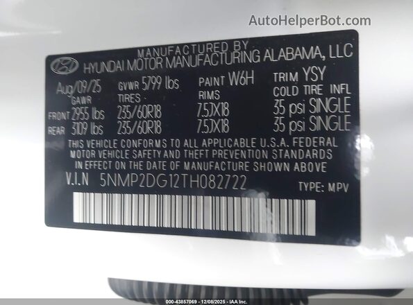 5NMP2DG12TH082722 2026 HYUNDAI SANTA FE HYBRID White Вид підкапотного простору