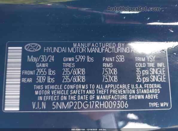 5NMP2DG17RH009306 2024 HYUNDAI SANTA FE HYBRID Черный Вид подкапотного пространства
