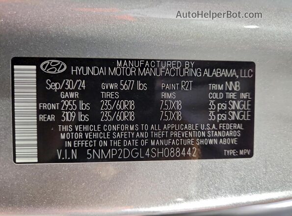 5NMP2DGL4SH088442 2025 HYUNDAI SANTA Silver Widok naklejki z numerem VIN