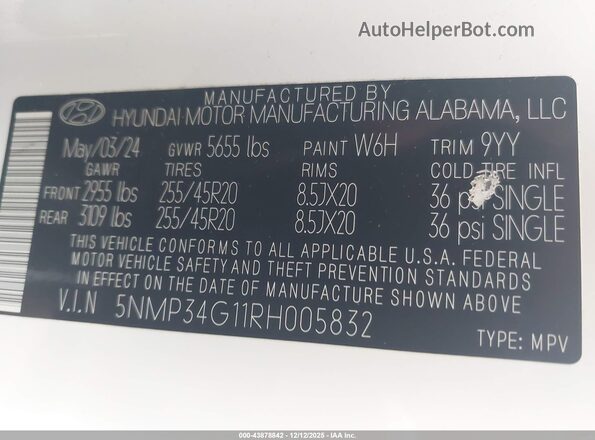5NMP34G11RH005832 2024 HYUNDAI SANTA FE HYBRID Белый Вид подкапотного пространства