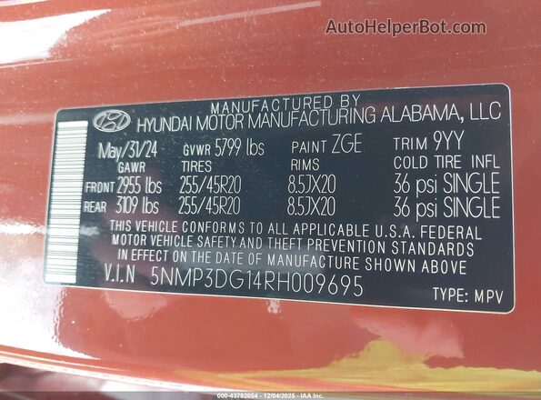 5NMP3DG14RH009695 2024 HYUNDAI SANTA FE HYBRID Orange Widok komory silnika