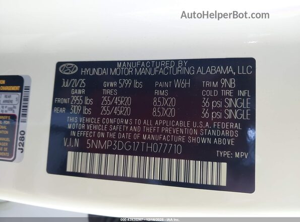 5NMP3DG17TH077710 2026 HYUNDAI SANTA FE HYBRID White Engine compartment view