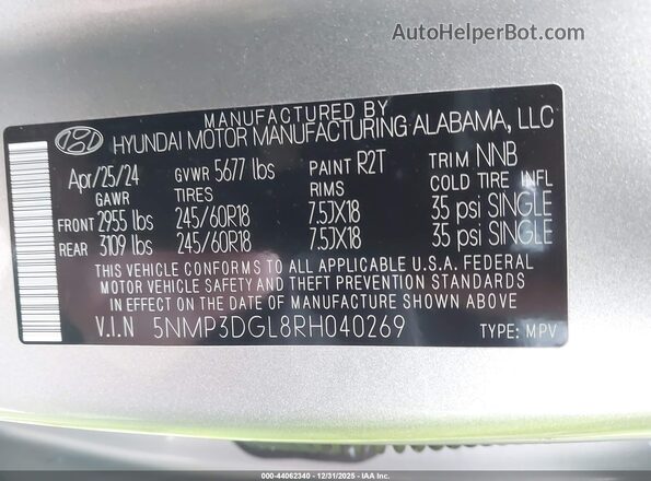 5NMP3DGL8RH040269 2024 HYUNDAI SANTA FE Silver Widok komory silnika