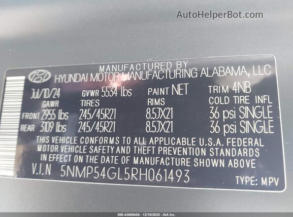 5NMP54GL5RH061493 2024 HYUNDAI SANTA FE CALLIGRAPHY Gray Շարժիչի բաժամունքի տեսք