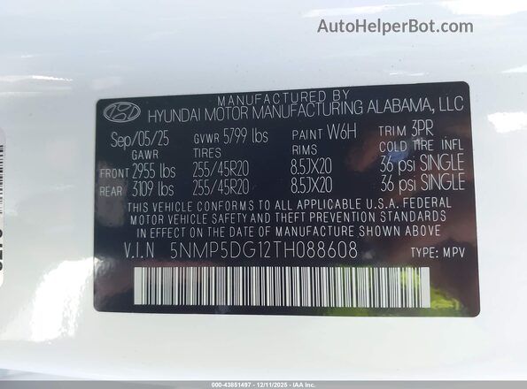 5NMP5DG12TH088608 2026 HYUNDAI SANTA FE HYBRID White Widok komory silnika