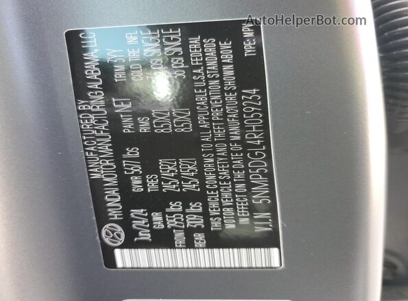 5NMP5DGL4RH059234 2024 HYUNDAI SANTA FE CALLIGRAPHY Charcoal Vista de la etiqueta del VIN