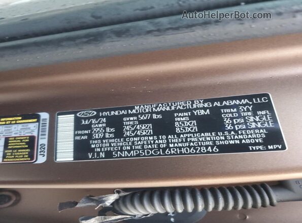 5NMP5DGL6RH062846 2024 HYUNDAI SANTA FE CALLIGRAPHY Brown Widok naklejki z numerem VIN