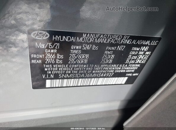5NMS1DAJ6MH344927 2021 HYUNDAI SANTA FE Gray Vista del compartimento del motor