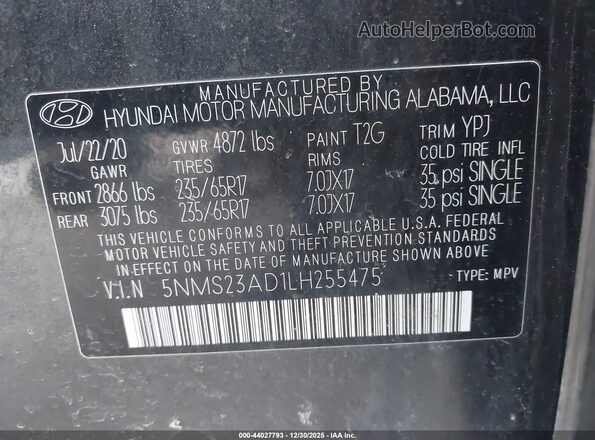 5NMS23AD1LH255475 2020 HYUNDAI SANTA FE Серый Вид подкапотного пространства
