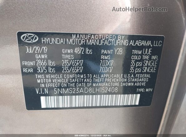 5NMS23AD8LH152408 2020 HYUNDAI SANTA FE Коричневый Вид подкапотного пространства