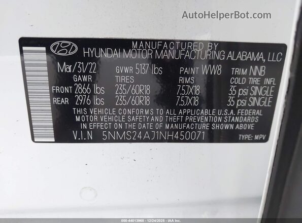 5NMS24AJ1NH450071 2022 HYUNDAI SANTA FE Белый Вид подкапотного пространства