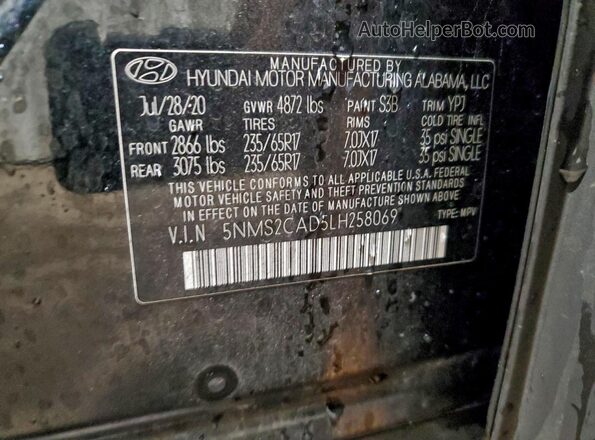 5NMS2CAD5LH258069 2020 HYUNDAI SANTA Black Widok naklejki z numerem VIN