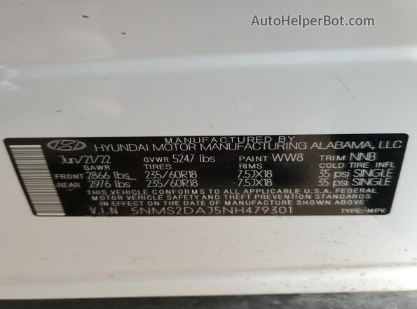 5NMS2DAJ5NH479301 2022 HYUNDAI SANTA Белый Вид наклейки с VIN-кодом