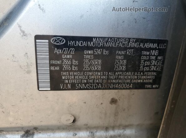 5NMS2DAJXNH460064 2022 HYUNDAI SANTA Серебряный Панорамный вид салона 360°