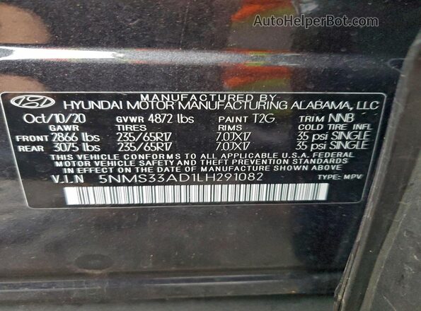 5NMS33AD1LH291082 2020 HYUNDAI SANTA Серый Вид наклейки с VIN-кодом