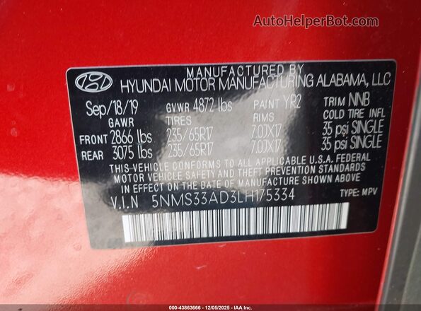 5NMS33AD3LH175334 2020 HYUNDAI SANTA FE Orange Вид підкапотного простору