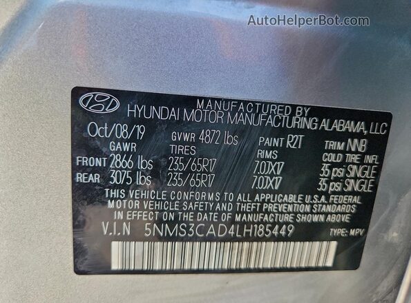 5NMS3CAD4LH185449 2020 HYUNDAI SANTA Серебряный Вид наклейки с VIN-кодом