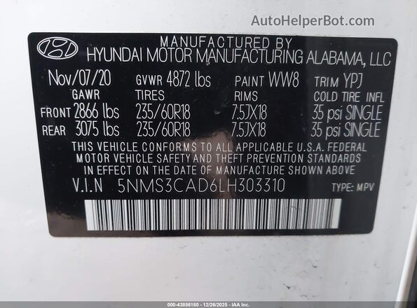 5NMS3CAD6LH303310 2020 HYUNDAI SANTA FE White Widok komory silnika