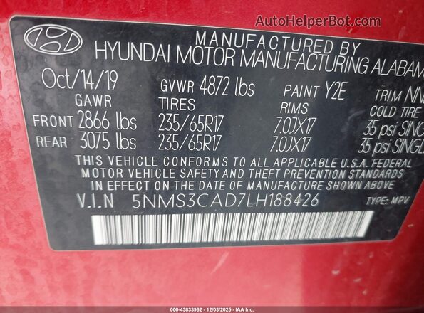 5NMS3CAD7LH188426 2020 HYUNDAI SANTA FE Красный Вид подкапотного пространства